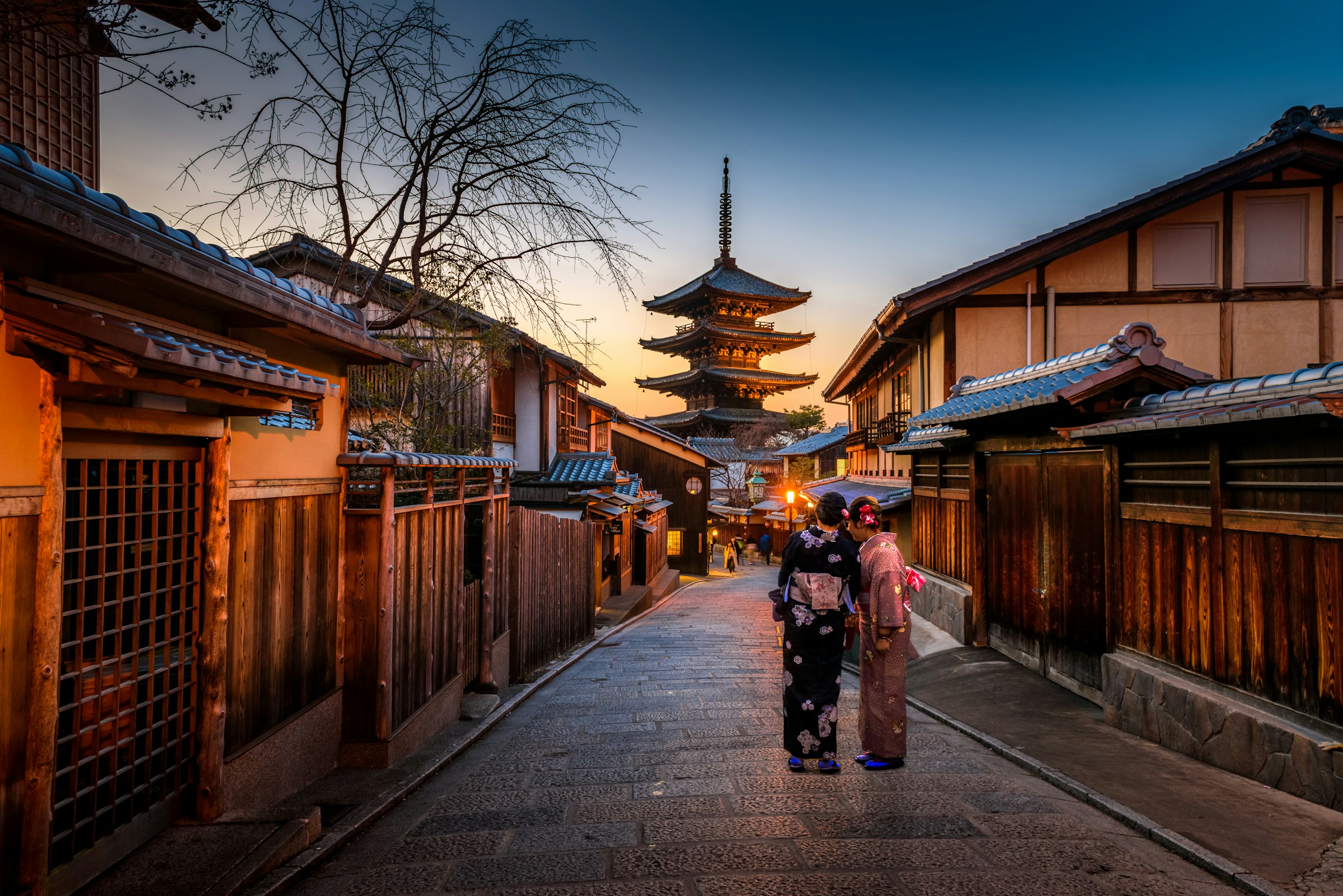 Lantern-lit street in Kyoto, Japan at night